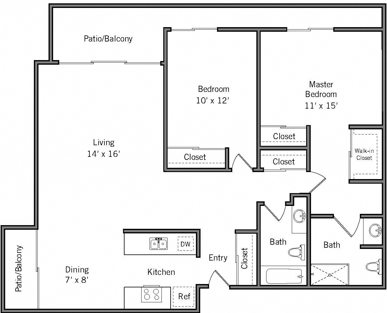Floor plan for 2 beds, 2 baths, 1035 sqft